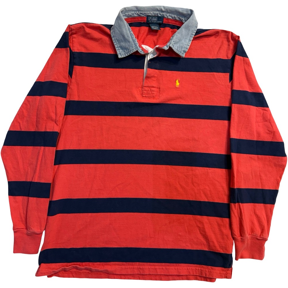 Polo Ralph Lauren Rugby Shirt Men's S Red Navy Blue Striped Long Sleeve Cotton